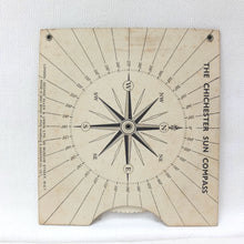 Vintage Chichester Sun Compass card, showing an antique-style sun dial with a compass rose, printed on aged beige paper with black markings.